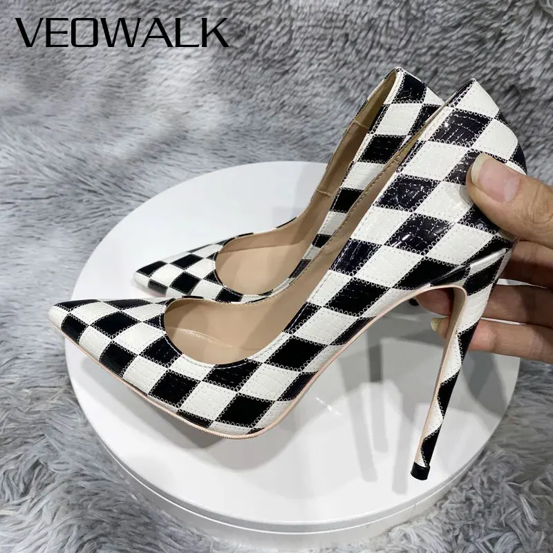 Tikicup Black White Diamond Crocodile Effect Women Pointy Toe Stiletto Pumps Classic High Heel Dress Slim Heel Shoes for Party