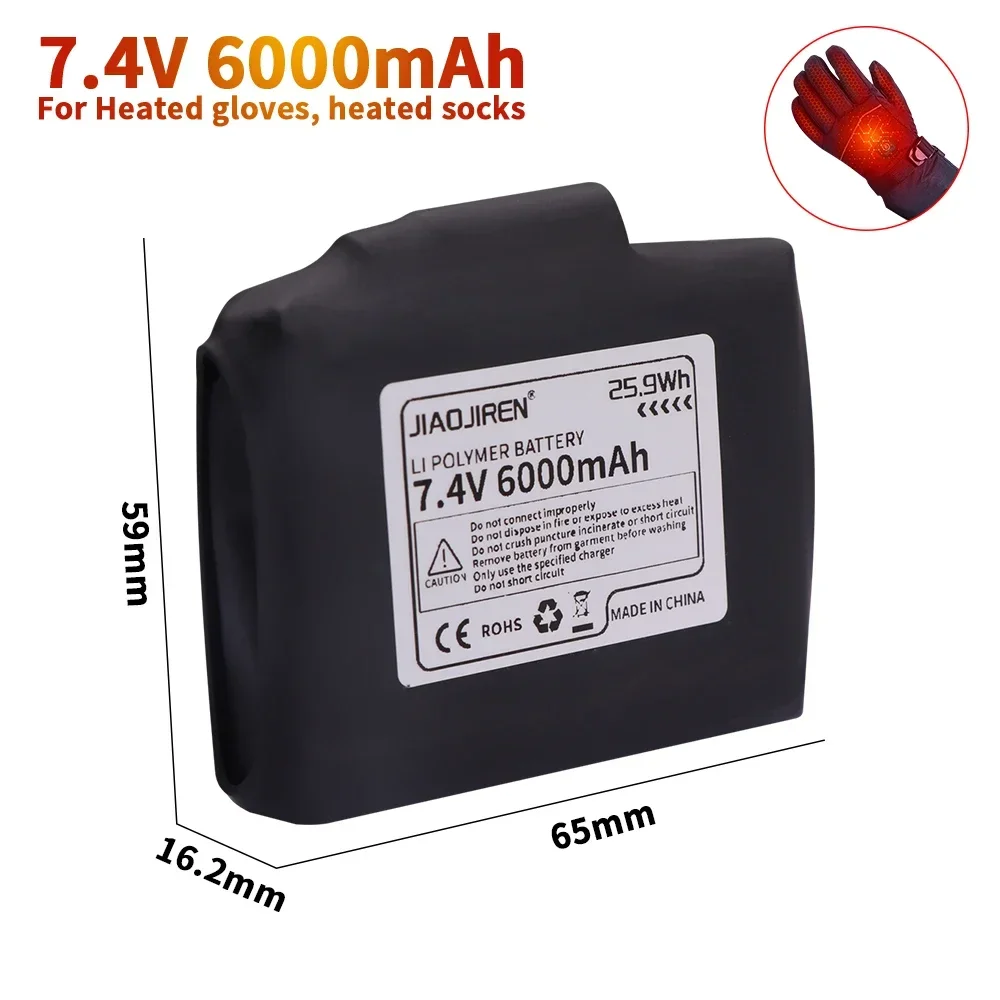 Akumulator litowo-polimerowy 7,4 V 6000 mAh do podgrzewanych rękawic Skarpety Podgrzewane kurtki Kamizelka Rękawice motocyklowe Ładowarka USB
