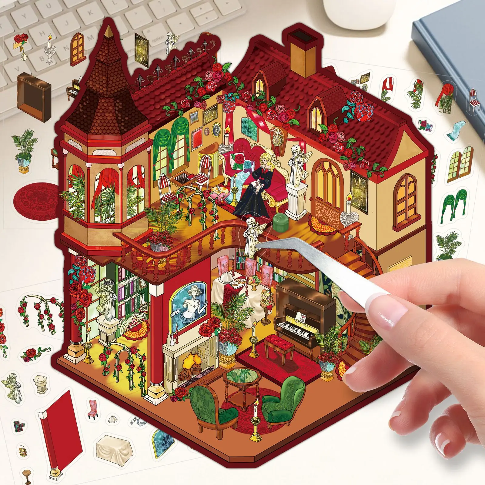 

50 шт. 3D-наклейки «Замок с розами» в винтажном готическом стиле, миниатюрные ПЭТ-стикеры для дневников, скрапбукинга, снятия стресса