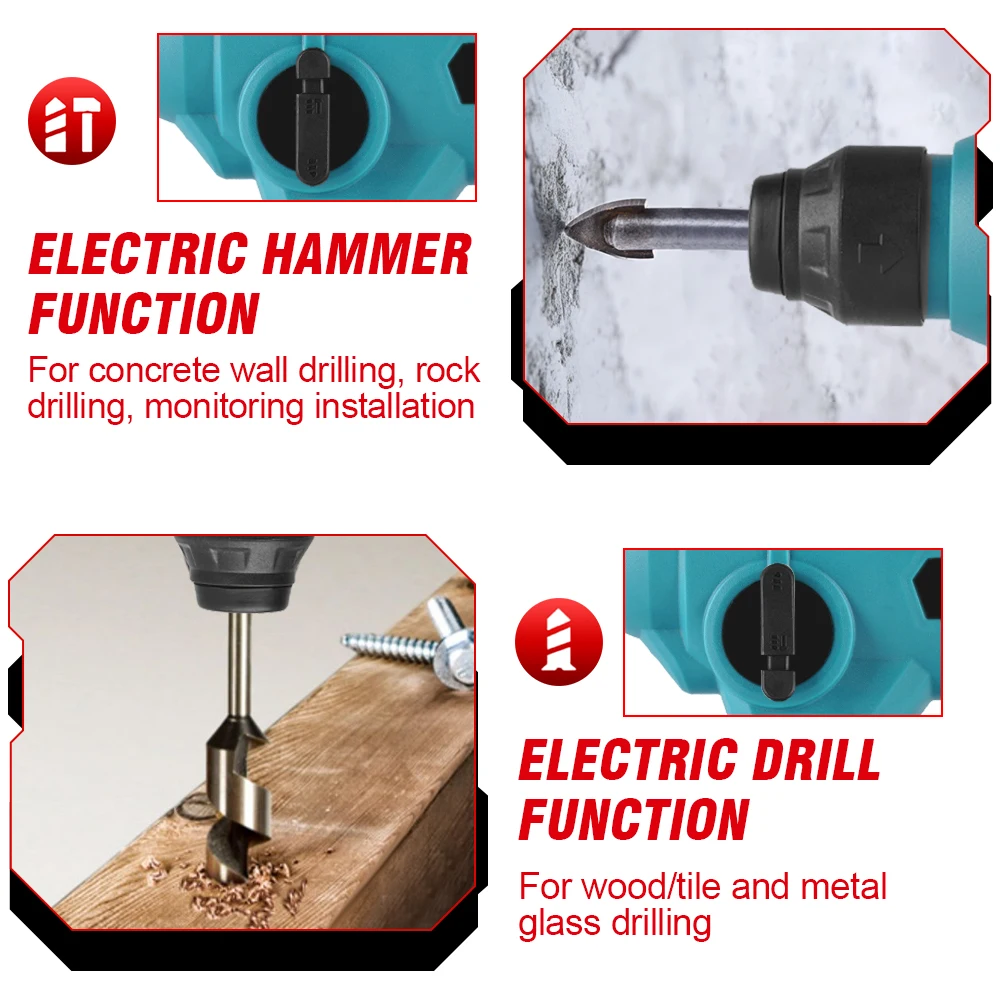 ONEVAN 1000W 3600RPM Elektrische Bohrhammer Wiederaufladbare Elektrische Hammer Schlagbohrmaschine Holzbearbeitung Werkzeuge Für Makita Batterie Pin – Detail 6
