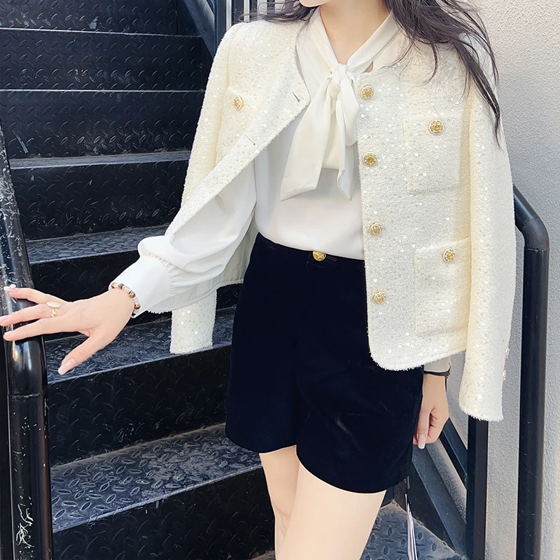 Luxury White Tweed Jacket Sparkly Sequins Gold Buttons O-Neck Cropped Blazer Coat 28506 view 4