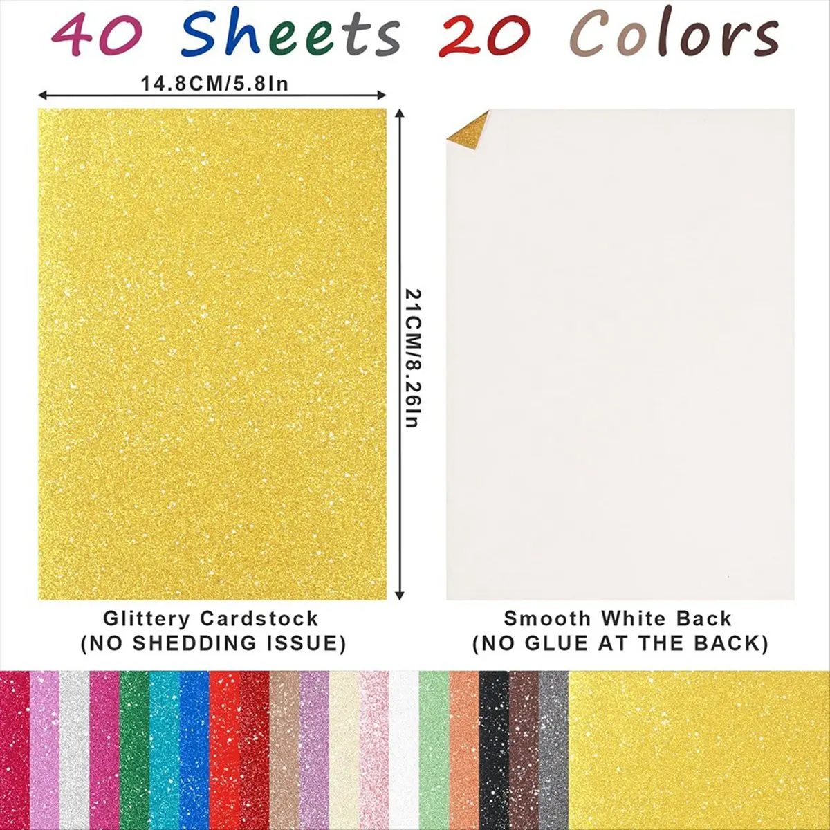 AA83 40 Sheets 20 Colors Glitter Cardstock, 250GSM A5 Glitter Paper No-Shed Thick Sparkly Card Stock, Shimmer Cardstock