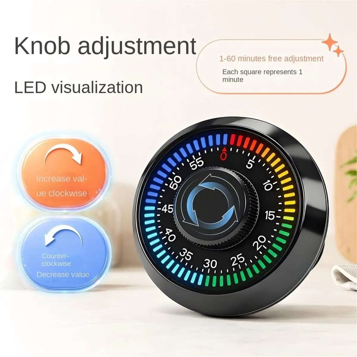 Rechargeable Magnetic Rotating Visual Timer, LED Color Light Countdown Timer, 1-60 Minutes Rotation Time Manager