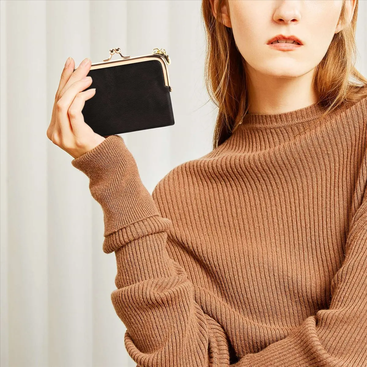Carefree- Women's Short Wallet Bifold Retro Multifunction Coin Purse with Zip and Kiss Lock Black