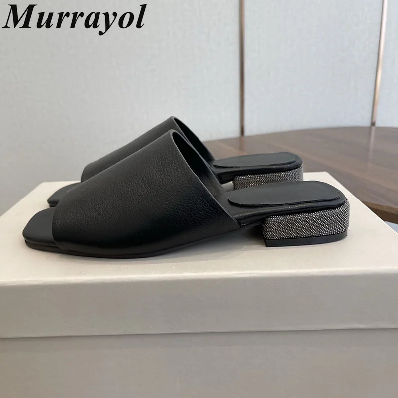 Slippers String Bead Decor Low Heel Real Leather Sandals Women Square Toe Slippers Ladies Spring Summer Vacation Walking Shoes