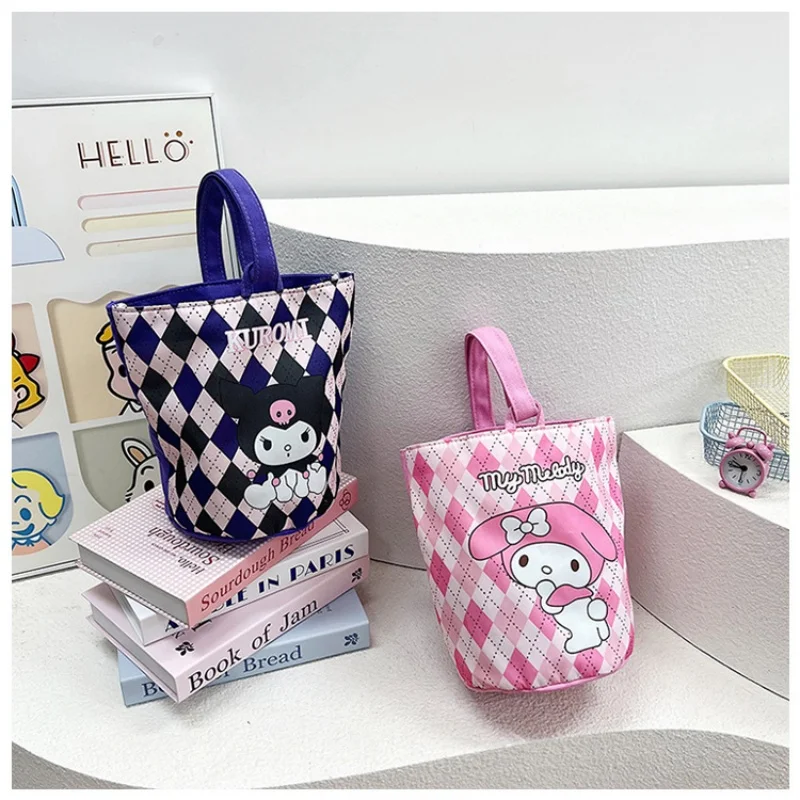 Sanrio Bag Hello Kitty Canvas Checkered Bucket Bag Cute Cartoon Kuromi My melody Cinnamoroll Outdoor Handbag Children Girls Gift