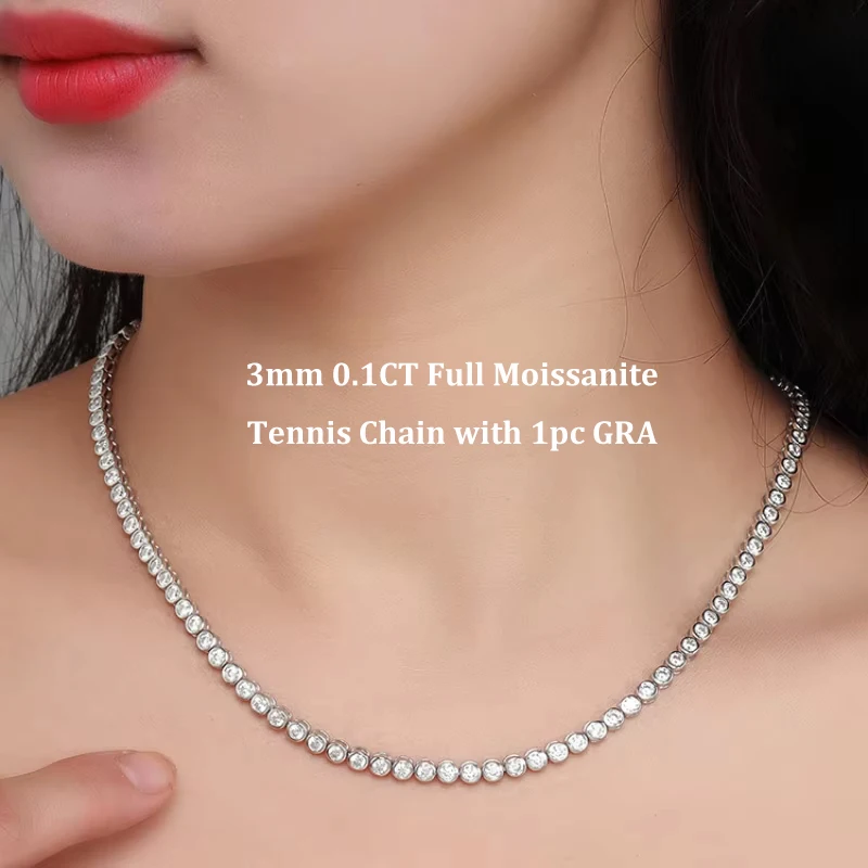 Mebigu Sparkling Bubble 2/3mm D Color Full Moissanite Tennis Necklace for Women S925 Silver Round Bezel All Diamond Neck Chain - view 3
