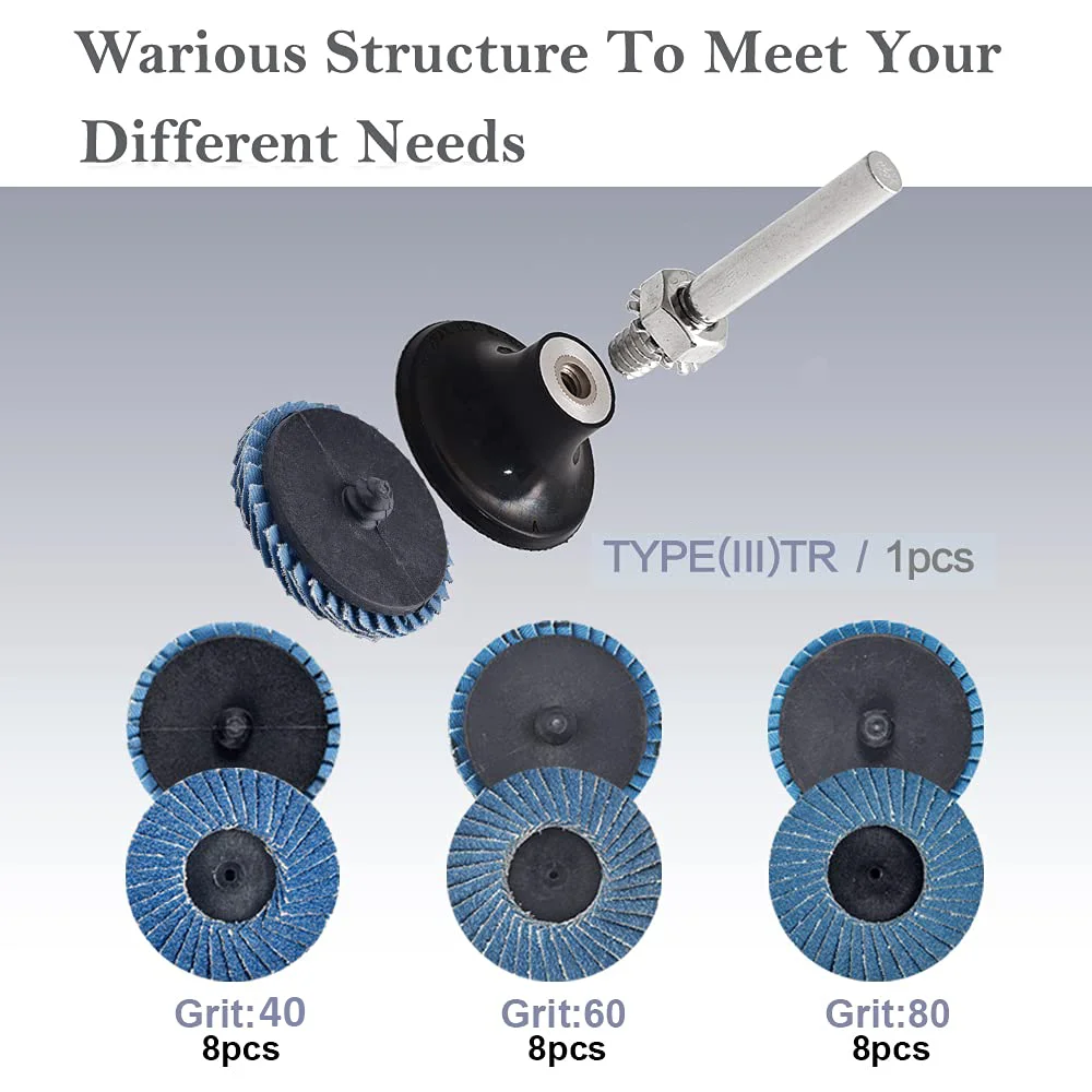 Kit de discos de aleta con bloqueo de rollo de 2 pulgadas y 50MM, 26 Uds. Con soporte de 1/4 ", accesorios para amoladora, muelas planas de circonia para superficie