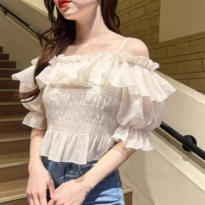 

Japanese Chic Sweet Slash Neck Puff Sleeve Blouse Women Ruffles Off Shoulder Pleated Slim Fit Shirts Spring Summer Elegant Top