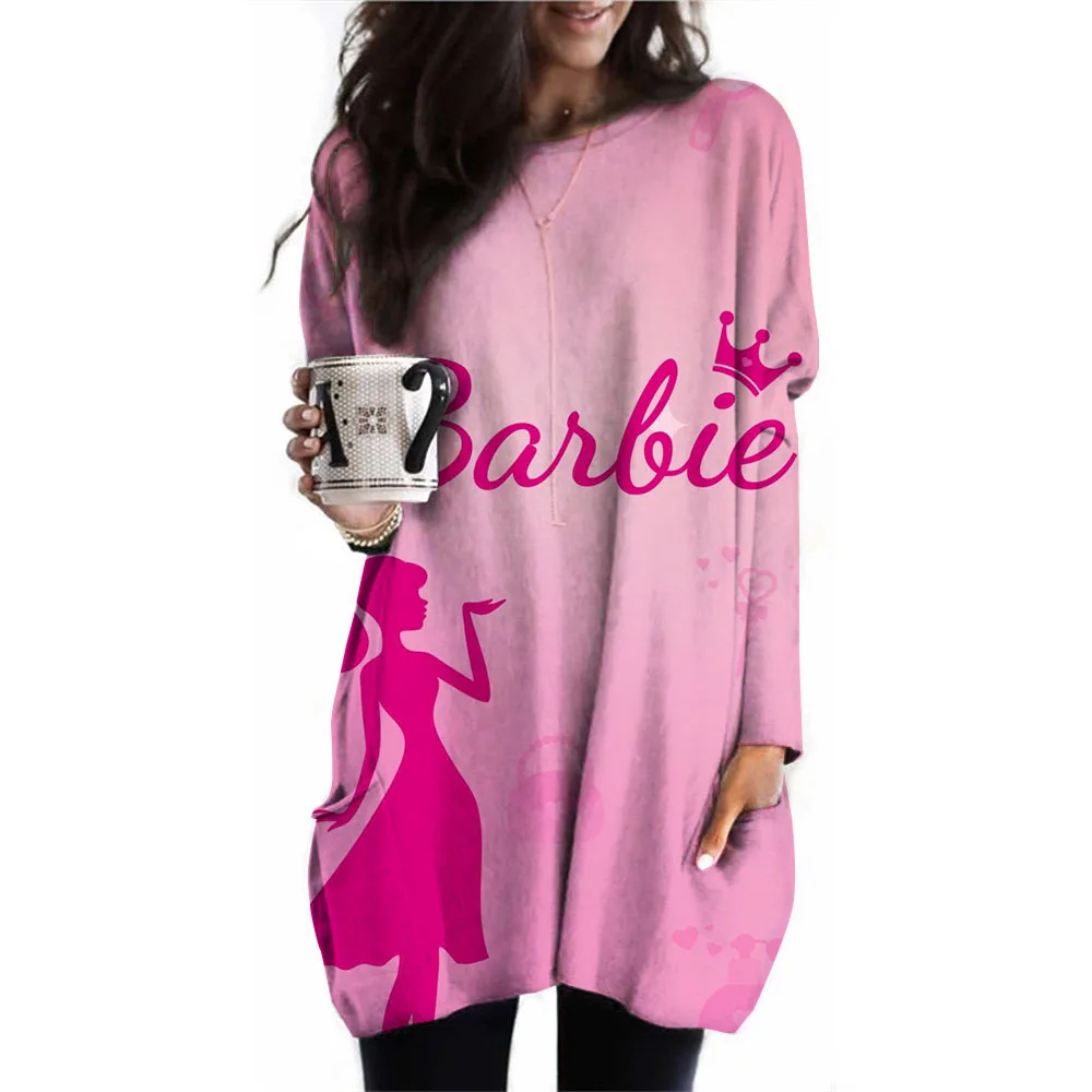 new European and American women\'s long sleeved round neck casual printed Pocket T-shirt top Barbie Princess Printed Autumn Top