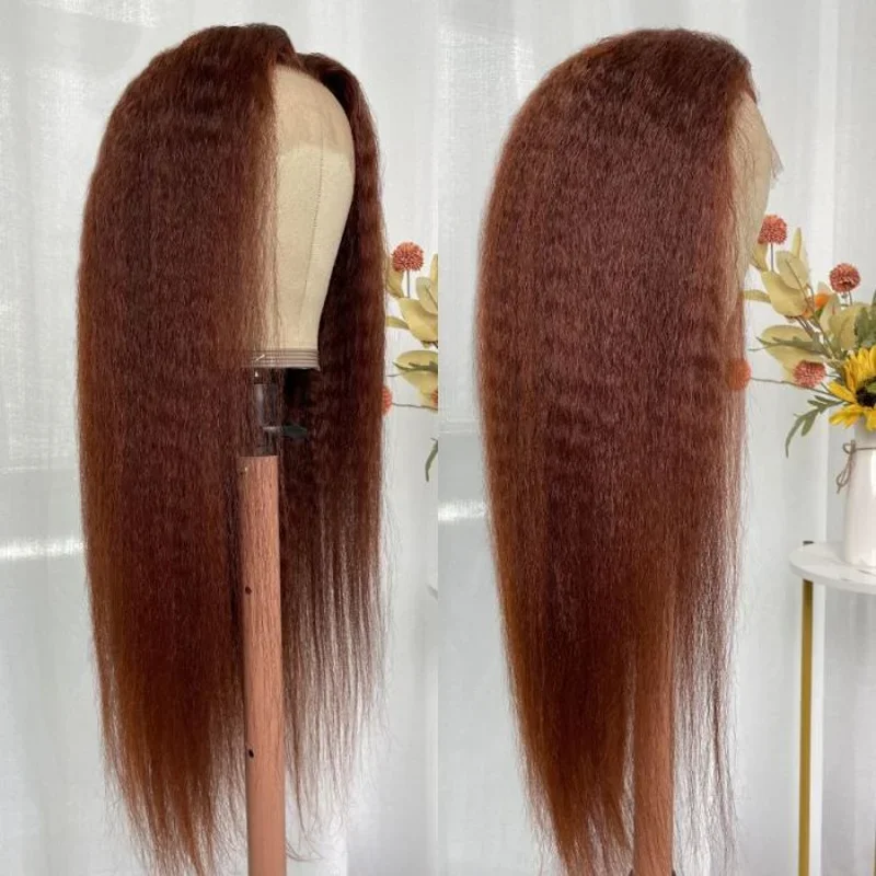 180Density Brown Yaki 26 Inch Lace Front Wig For Women Kinky Straight Babyhair Preplucked Heat Resistant Glueless Daily