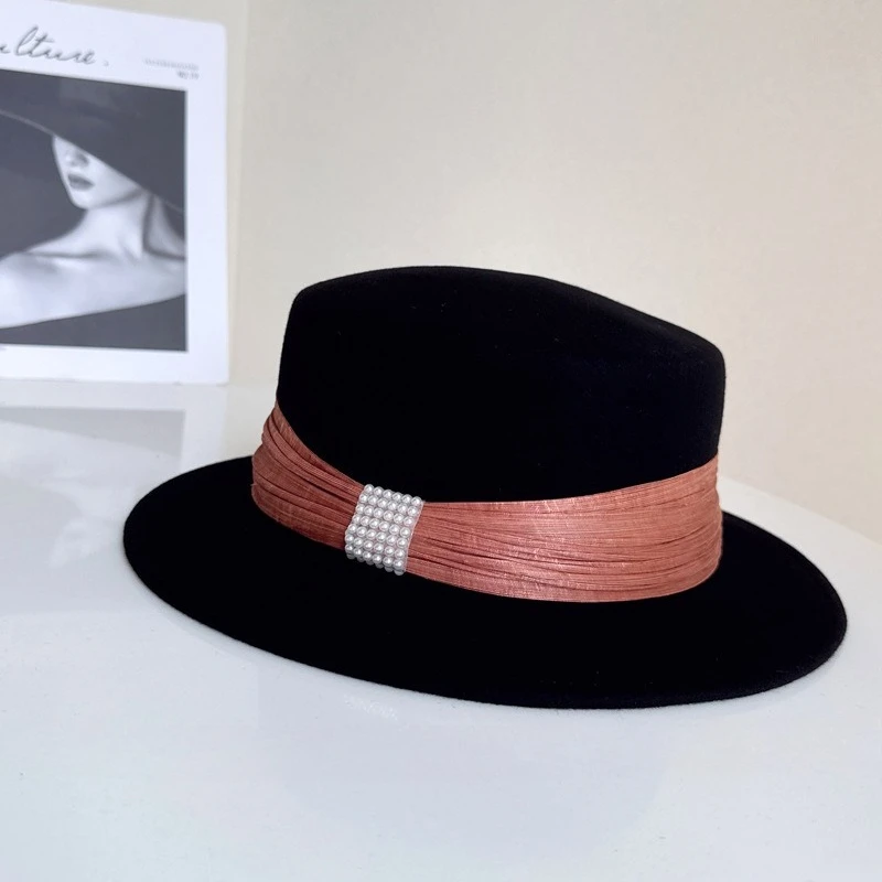 luxurious-silk-cotton-bow-topper-women's-winter-and-autumn-australian-wool-hat-exquisite-and-elegant-pearl-button-fashion-hat