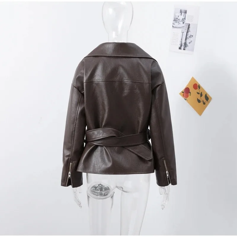 مع سترة جلدية بحزام، سترة نسائية ربيعية أوروبية وأمريكية، سترة جلدية أنيقة بحزام ريترو أمريكي للدراجات النارية #4
