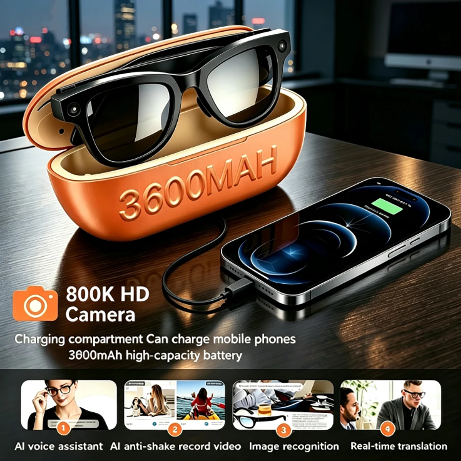 2026 New 800W HD Camera Smart Glasses 3600 Large Capacity Battery Box 1080P Taking Pictures 32GB Memory AI voice Smart Glasses