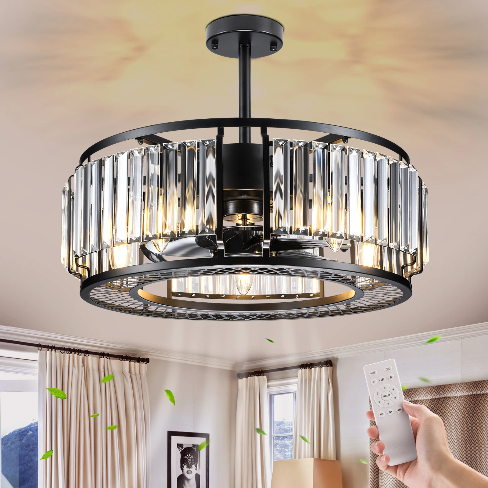 nooknova modern cristal teto fan luz controle remoto preto fechado gaiola candelabro lampada 20 01