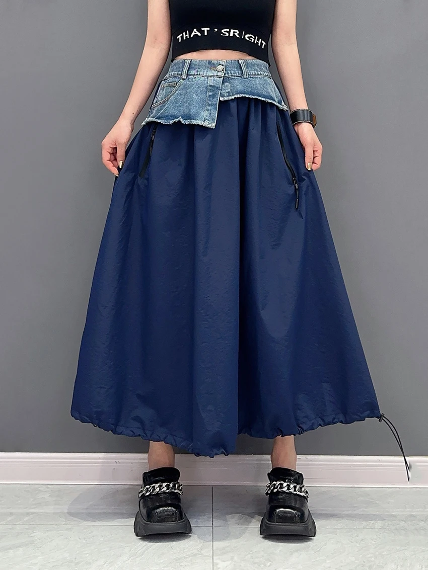 231104 Partchwork Denim Casual A-line Half-body Skirt High Elastic Waist Women Fashion Tide New Spring Autumn 2024