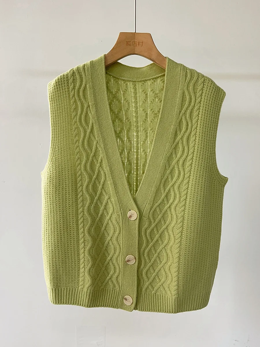 Winsleter-100% Wool Elegant Vest Sweater, V Neck Buttons, Women Fashion Commute Loose Knit Cardigan Vest, 2025 Autumn T59662CC