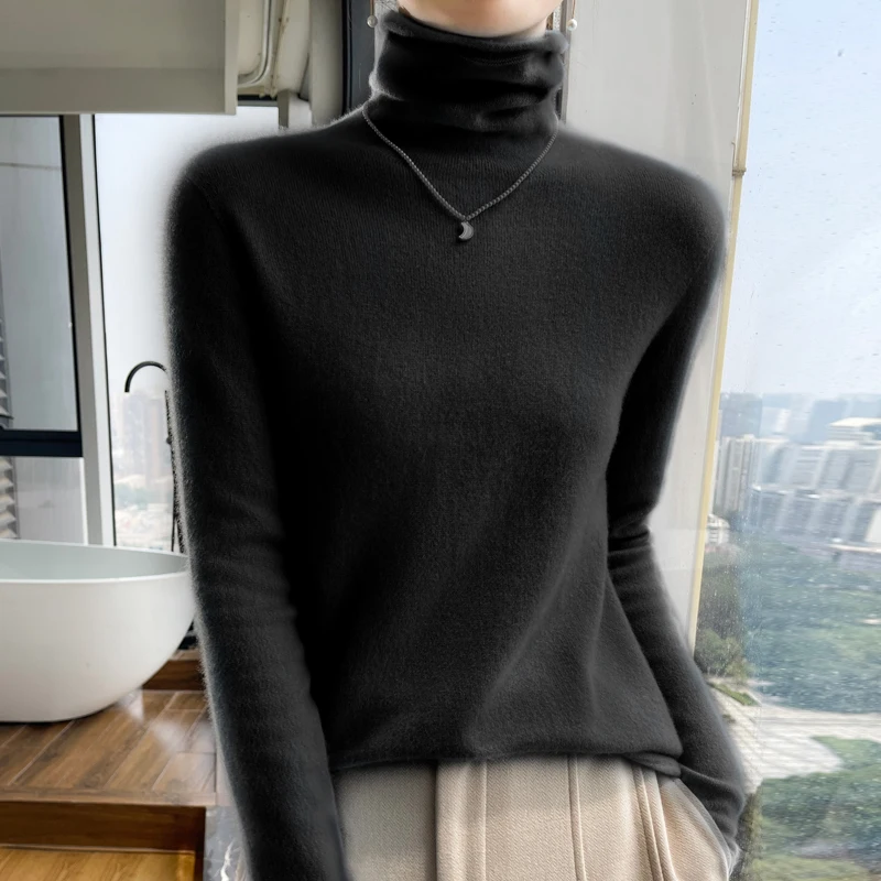 Fall-Winter 2024 New 100% Pure Wool Women\'s High Neck Long Sleeve Cashmere Sweater Slim Fit Warm Knitted Cashmere Sweater Top