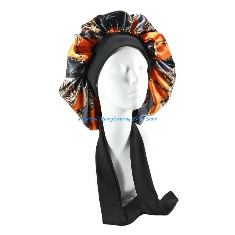 E56A Ribbon Decor Girl Satin Bonnet Elastic Night Sleep Cap Breathable Color Matching