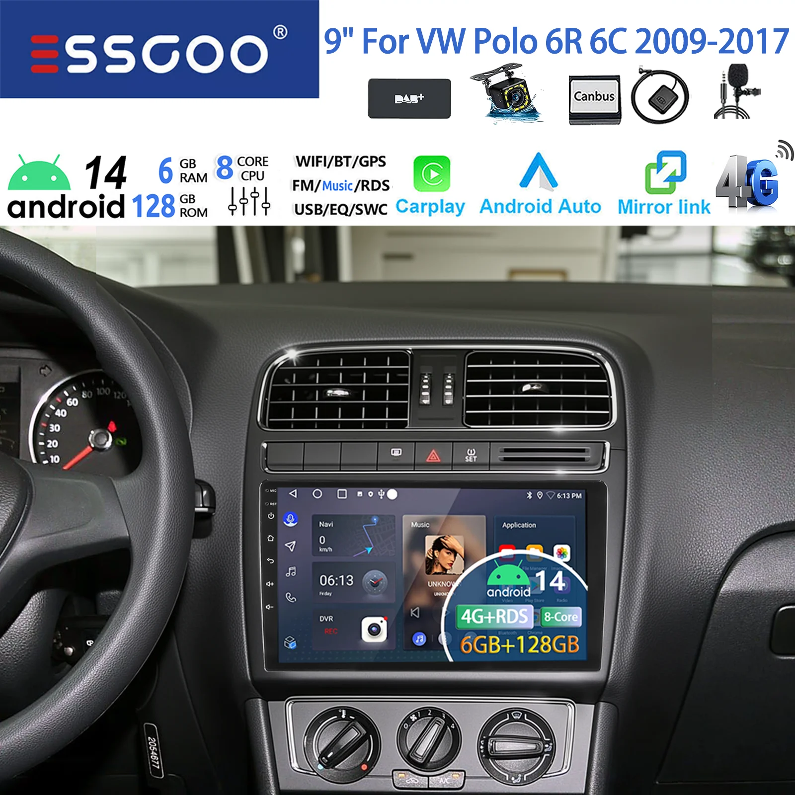 Autoradio ESSGOO Android 14 9 Pollici 6+128G 8 Core per VW Polo MK5 6R 6C 2011-2016 CarPlay Senza Fili Android Auto Navigazione GPS 4G WIFI RDS Controlli al Volante Bluetooth FM AM Mirror Link Schermo