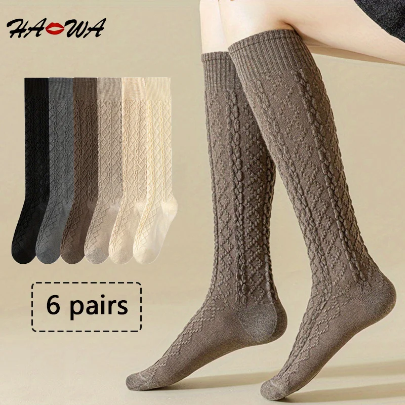 

HA WA 6Pairs Autumn New Women's Socks Cotton Winter Long Socks Organic Cotton Solid Warm Thigh High Socks