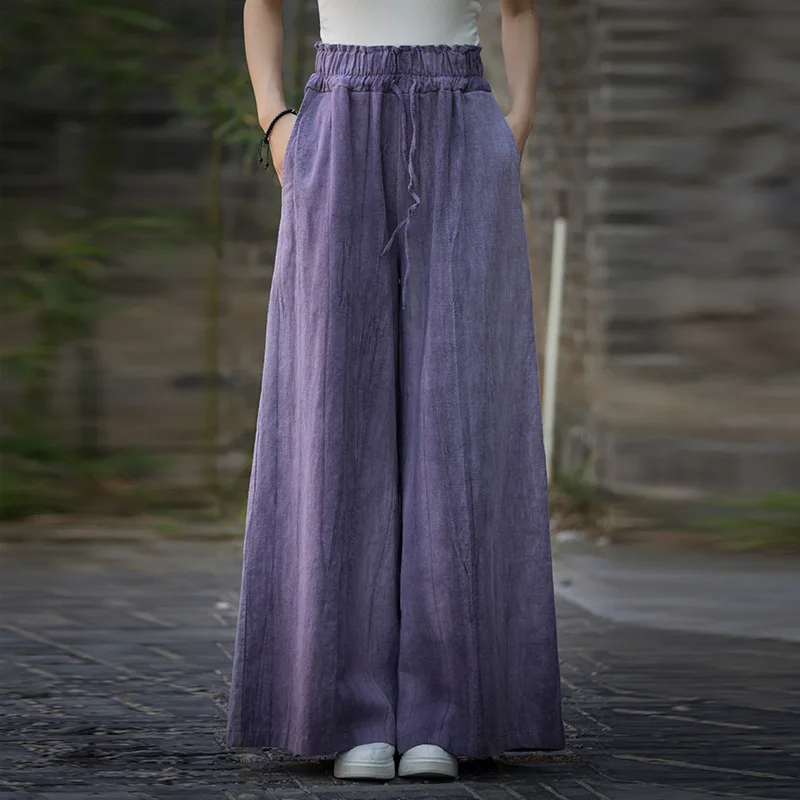 بنطال خريفي واسع الساق مع صبغة مربوطة يدويًا وخصر مكشكش فريد. رامي خفيف الوزن للتخسيس، مقاس ثنى. #3