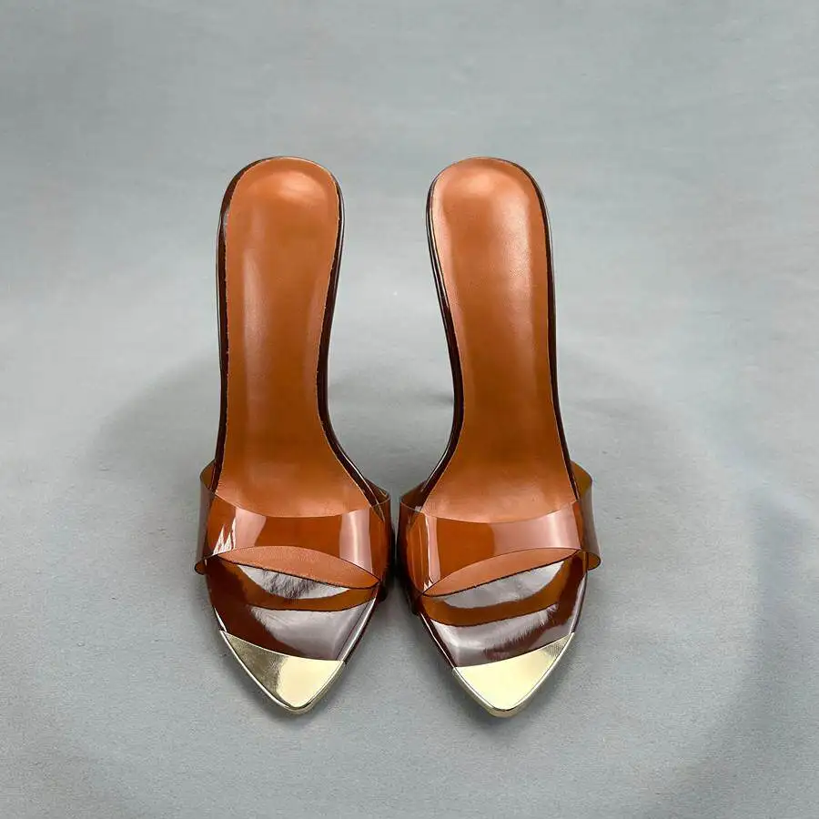 

Summer new candy colored 12cm women's slim heel exposed toe half drag simple transparent PVC straight drag sandals