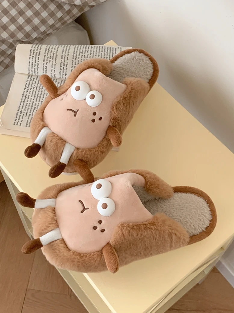 

Funny Big Eyed Toast Couple Cotton Home Slippers For Men And Women 2024 Winter Non Slip Indoor Household Plush Slipper