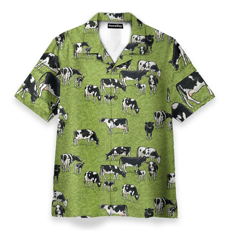 Farm Animals Dairy Cow Print Leisure Shirts for Men Cute Black White Panda Penguin Lapel Button Shirts Summer Fashion Asian Size