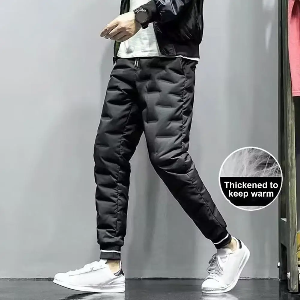 

Men Winter Down Trousers Thicken Warm Long Pants with Pockets Ankle Length Mid-waist Drawstring Trousers Running Sportswear