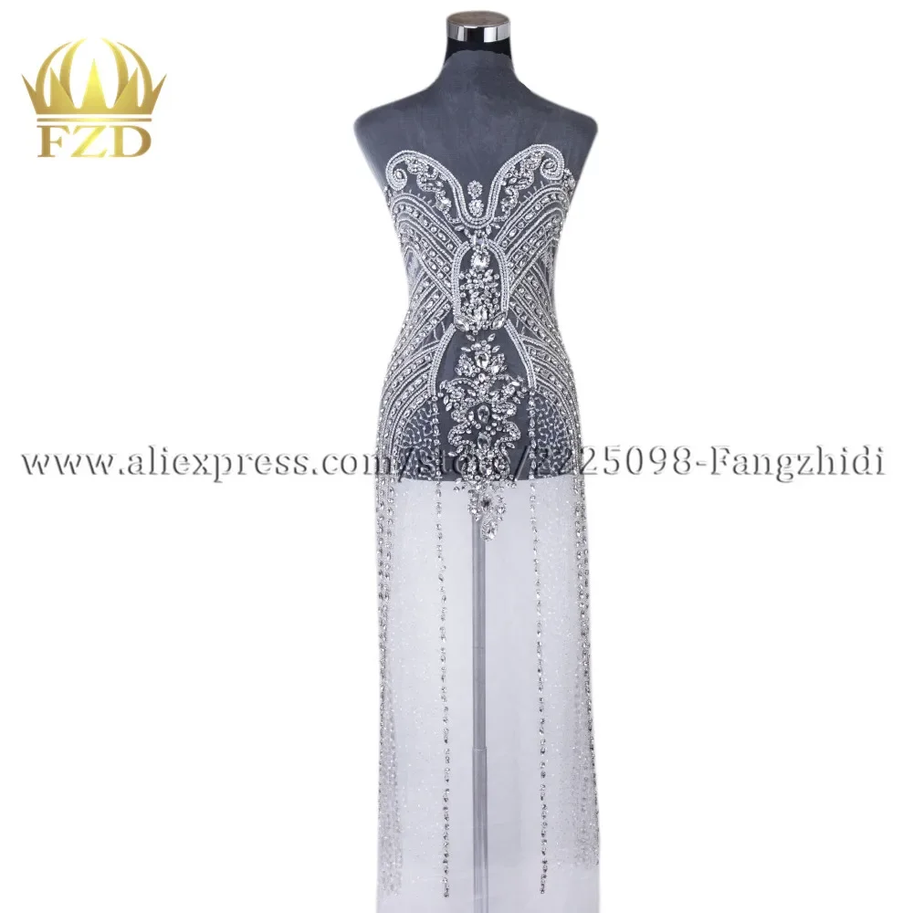 FZD 1 Piece New Arrival Elegant Silver Handmade Bead  Apparel Embroidery Fashion Crystal Rhinestone V-neck Design Wedding Dress