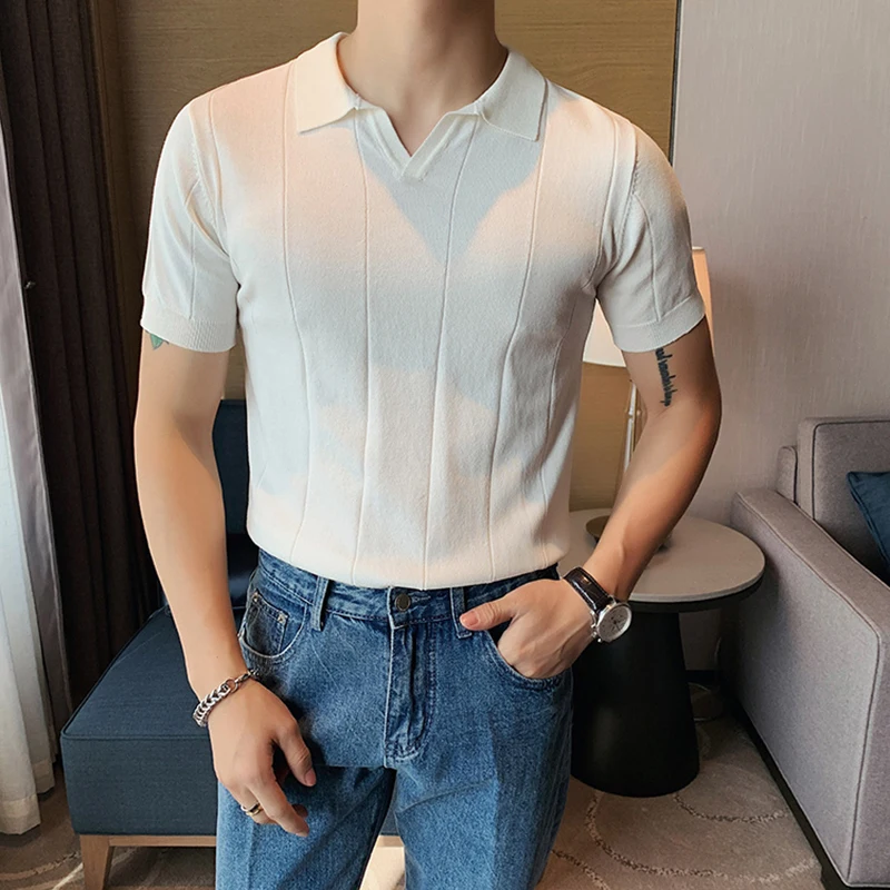 

Knitted Soft Solid Short Sleeve V Neck Men Oversized Tops Fashion Business Casual All-match 2023 Trend Slim Summer Polo Clothes