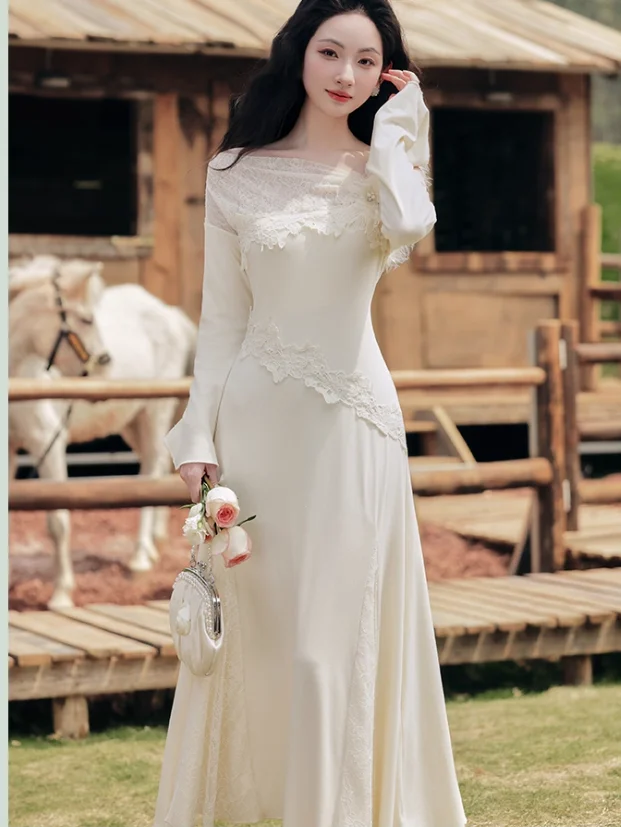 Elegante abito da principessa a coda di pesce a maniche lunghe in pizzo con scollo a barchetta sexy Moda a vita alta A-line Abiti da festa sottili versatili color albicocca