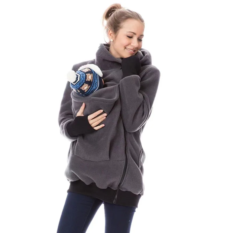Women's Kangaroo Baby Carrier Hooded Sweatshirt Zipper Maternity Jacket Warm Fleece Mommy Baby Wearing Coat Casual Outerwear