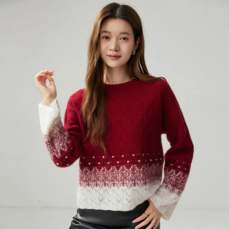 Fel Island Jacquard Color Contrasting Round Neck 100% Cashmere Knitted Shirt Women Gradient Salad Horn Sleeve Thickened Warm Top