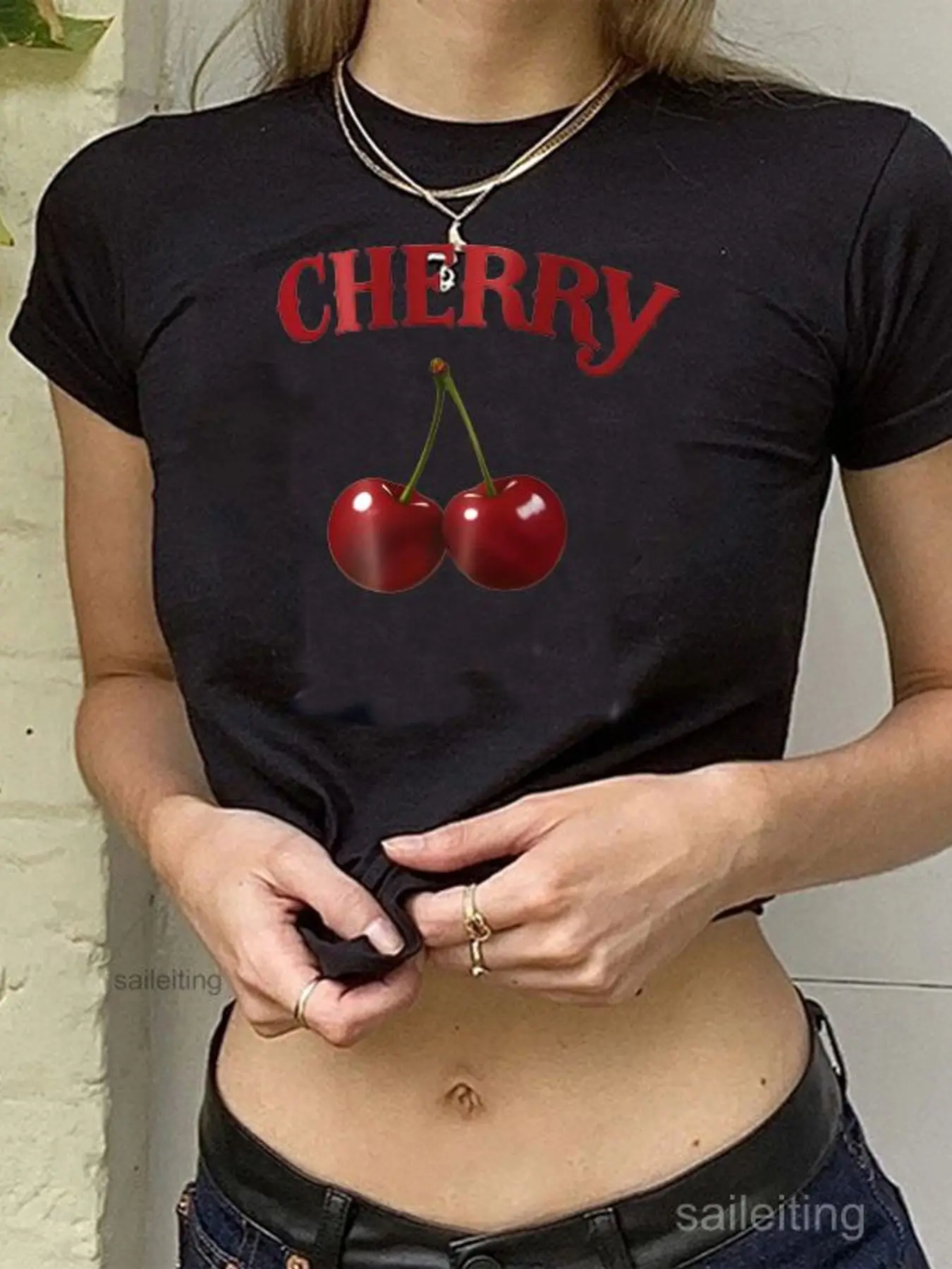 Cherry Printed Crop Top Women Short Sleeve Summer Cotton Casual T-Shirt with Graphic Cherries - Trendy Streetwear Tee for Gir
