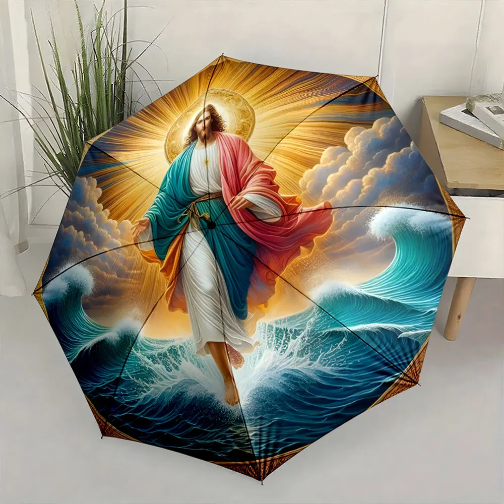 1PC Divine Design: Jesus Walking on Water Umbrella Print 8 Iron Ribs Folding Umbrella Auto-Open Fashion Sunshade