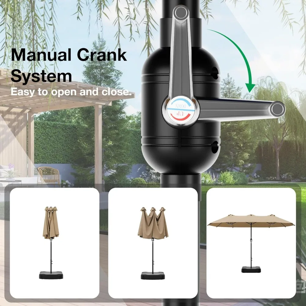 مظلة فناء كبيرة بطول 15 قدم مع قاعدة متضمنة، مظلة خارجية مزدوجة الجوانب، مظلة مستطيلة بمقبض كرنك، 12 ش #6