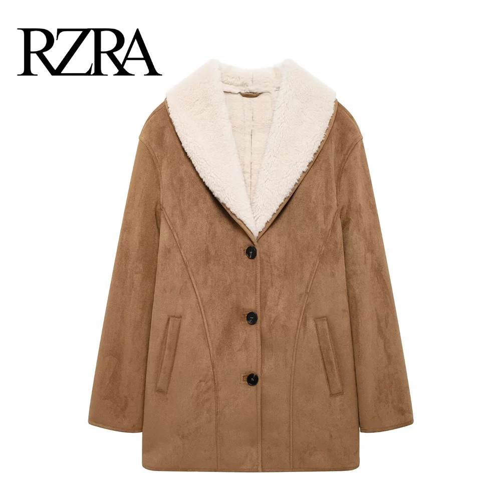 RZRA2024 new winter women\'s lapel long-sleeved fur suede coat jacket fashionable and versatile pocket decoration long coat