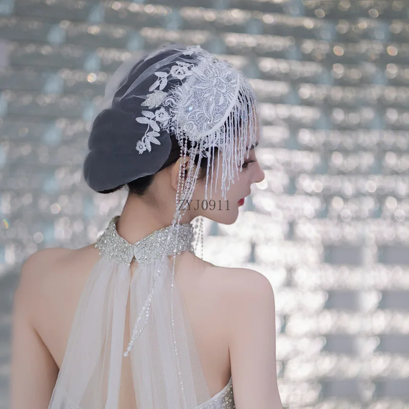 ブライダルヘッドドレスフレンチレースメッシュフリンジヘッドバンド帽子シンプルなウェディングドレスアクセサリー