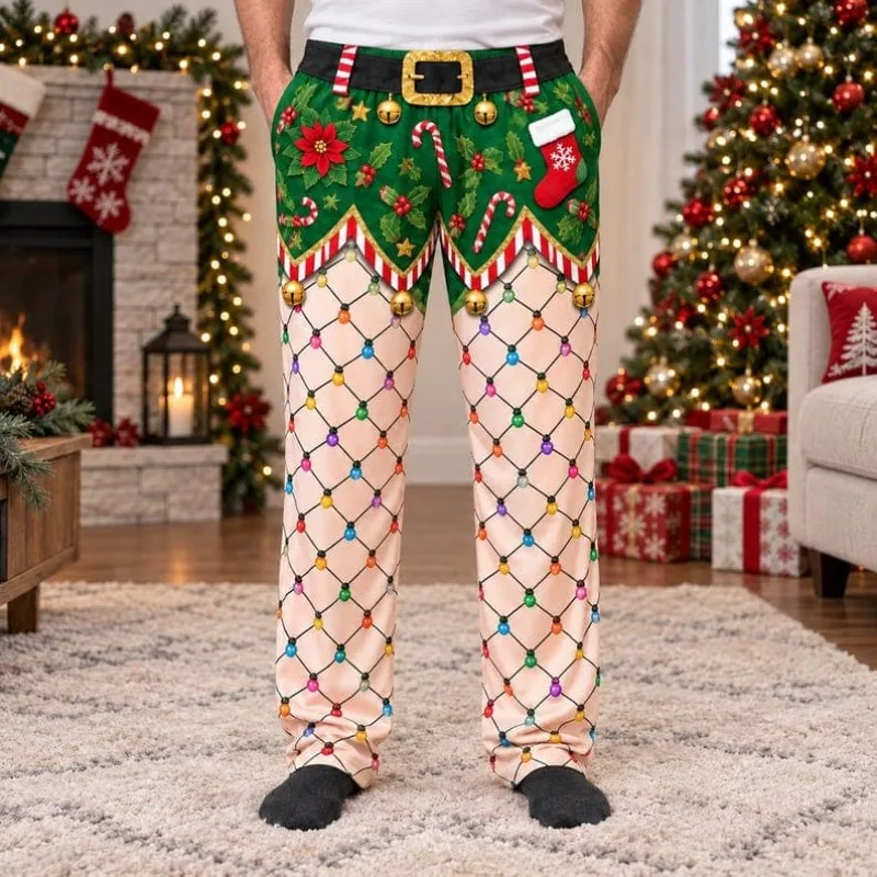 Christmas Themed Men's Fun Sleeping Pants 3D Printed Visual Fake Two Fishing Net Socks Wide Leg Pants Party Parody Casual Pants