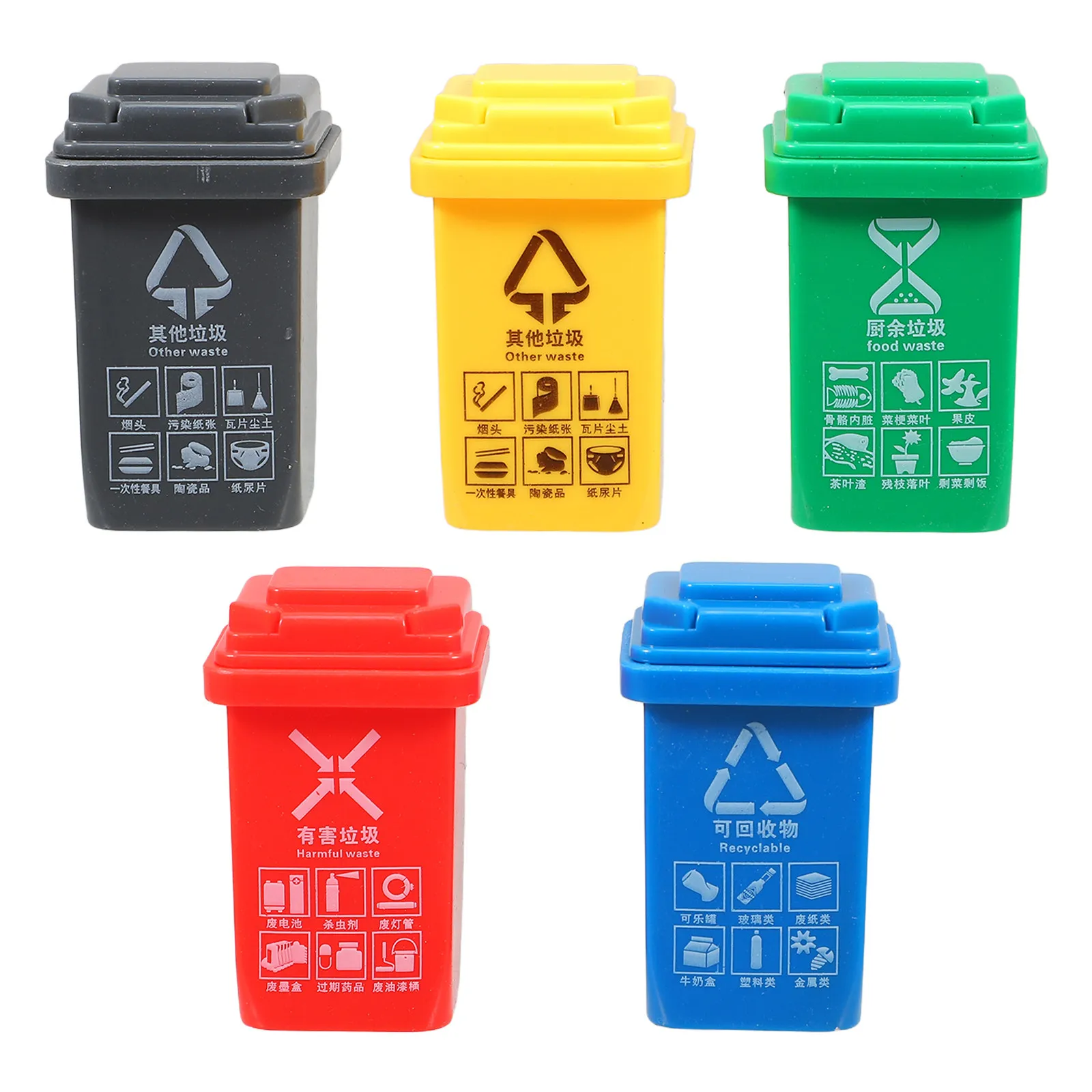 

5Pcs Educational Children's Garbage Sorting Bins Miniature Plastic Waste Buckets Scene Accessories for Home Desktop Decoration