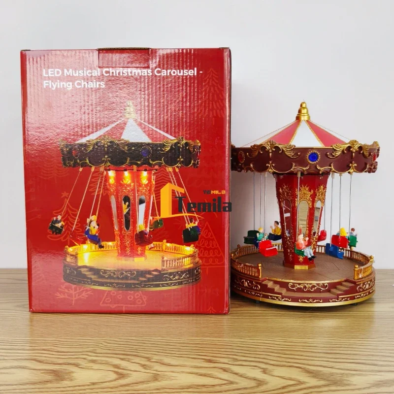 Fun LED Light Sound Christmas Rotating Swing Flying Chair Carousel Music Box Creative Ornament Birthday Amusement Park Gift Toy