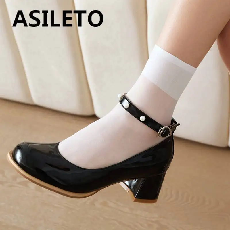 ASILETO Patent Leather Ladies Pumps Mary Style Round Toe Block Heels 5cm Buckle Strap Girls Shoes Sweet Small Size 26 27