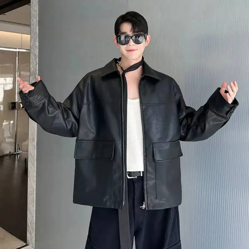 

2025 новые простые мужские хлопковые куртки из искусственной кожи с отложным воротником на молнии и карманом для лагера, однотонные свободные мужские пальто в Корейском стиле