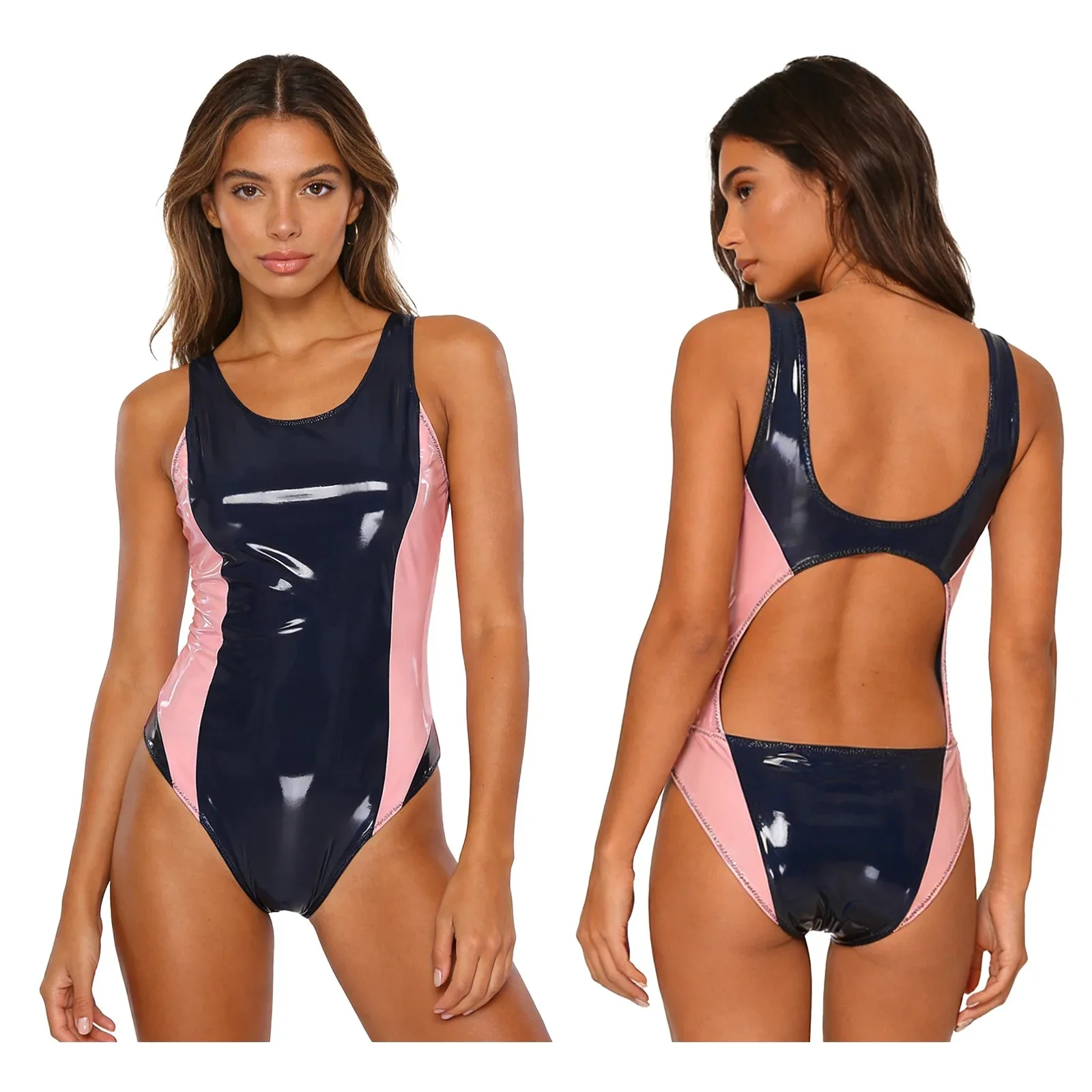 Women's Wet Look PU Leather Sleeveless Backless Monokini Sexy One Piece Bodysuit Swimwear Bathing Suit
