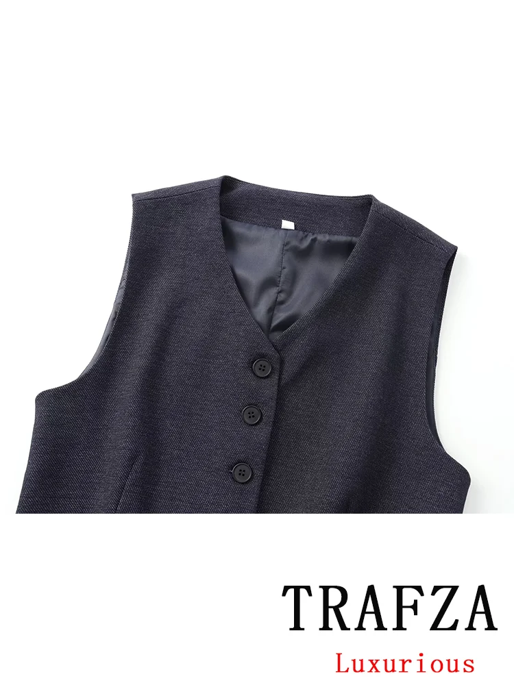 TRAFZA Vintage Casual Chic Solid Women Suit VNeck Short Single Breasted Top Loose Long Zipper Pants New Fashion 2024 Autumn Suit