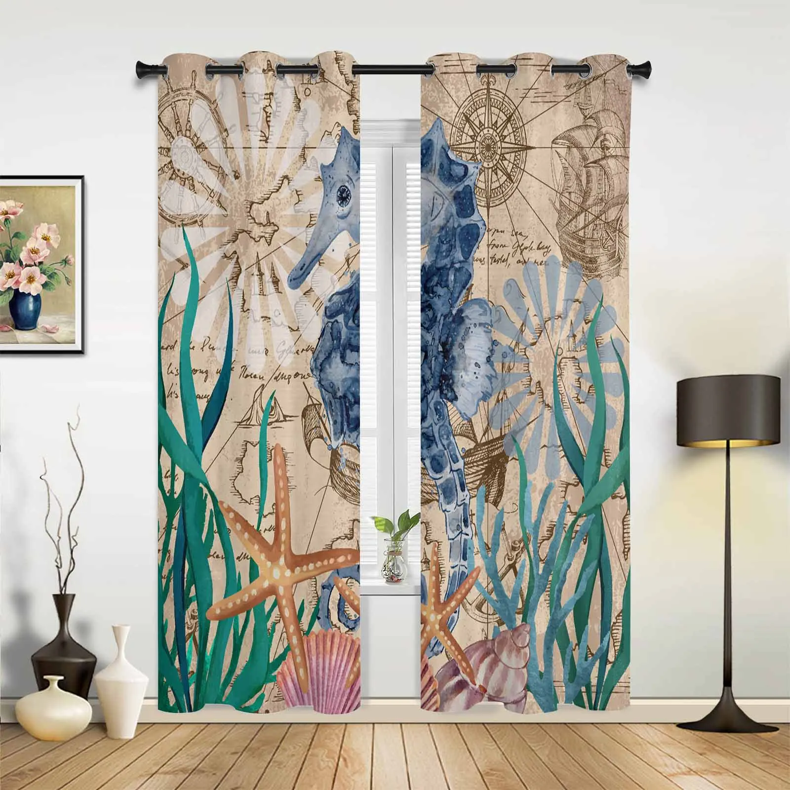 Seahorse Seaweed Starfish Shell Retro Window Curtains for Living Room Bedroom Curtain Modern Kitchen Blinds Drapes Curtains