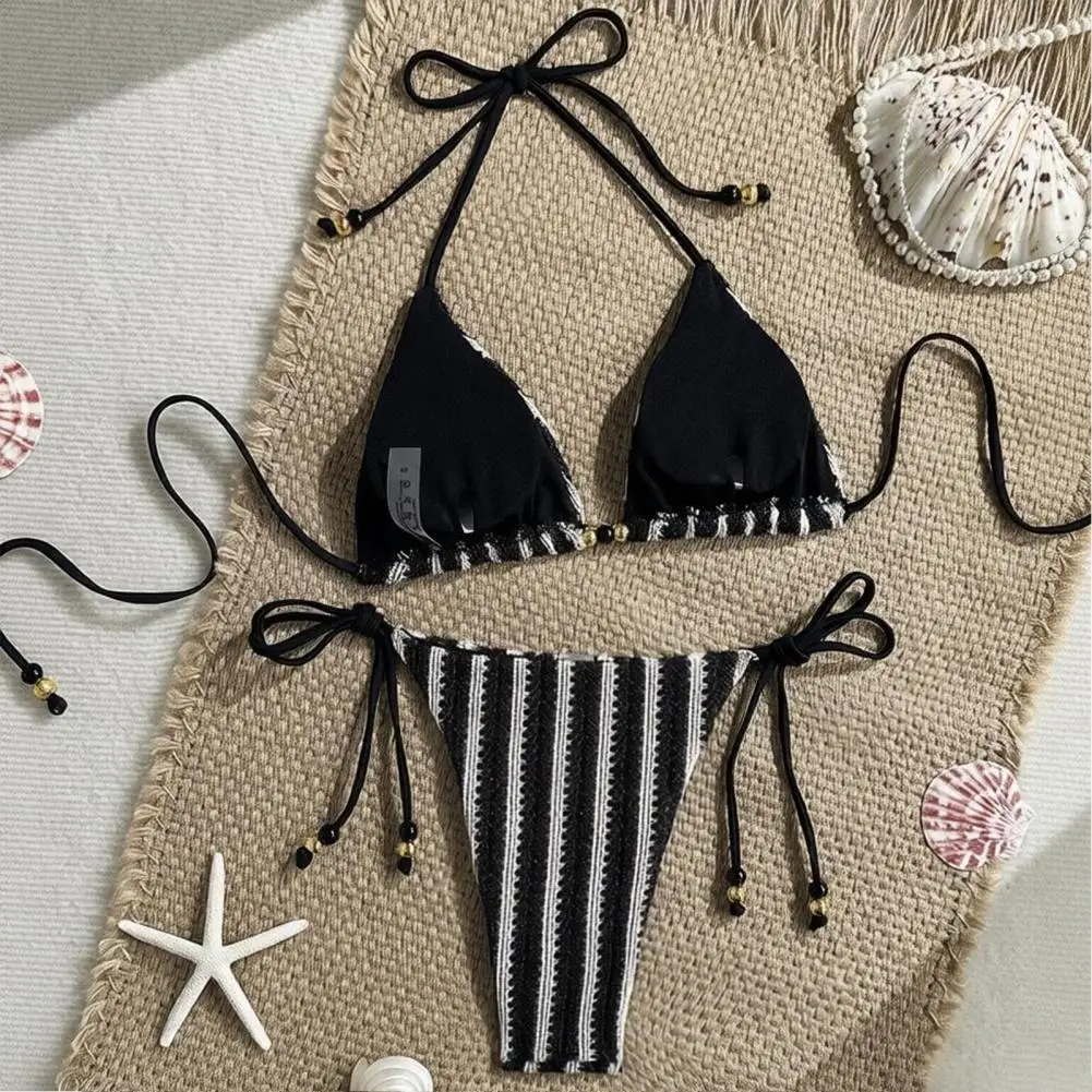 Split Swimsuit 2pcs Bikini Set for Women Knitted Hollow Fabric Halter Bra with Chest Pad Lace-up Swimming Bottoms Beach Pool