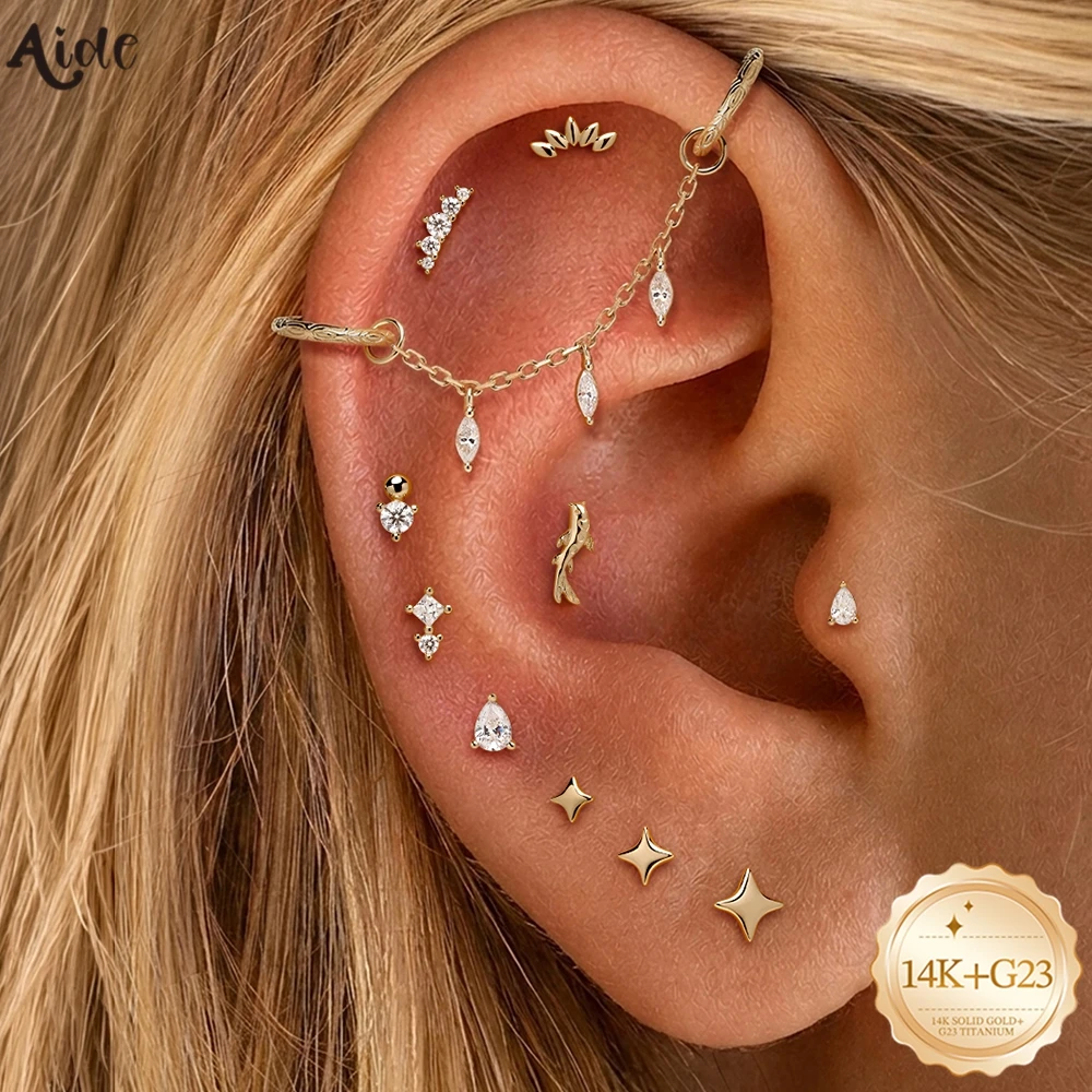 Aide 14K Soild Gold Earrings For Women Implanted Titanium Flat Back Piercing Studs For Daily Wear Wedding Engagement Party